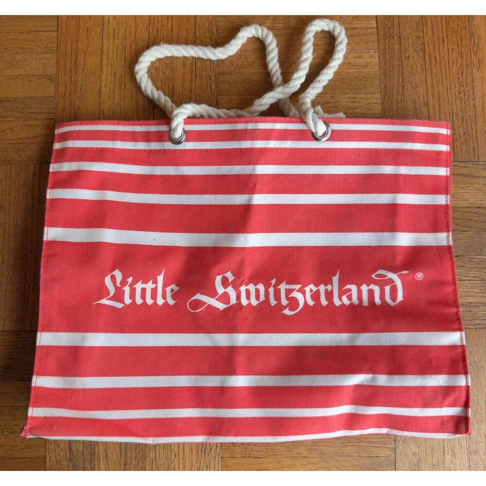 Vintage 1980s Little Switzerland Canvas Tote Bag Red and White Stripes Nautical